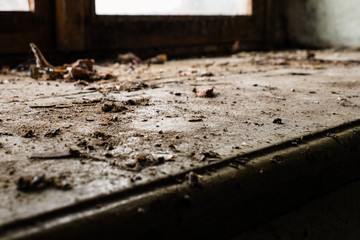 Very dirty wooden window sill in an abandoned old house