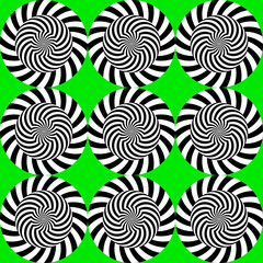 Optical illusion, moving effect of rotation. Seamless pattern with spin twirling circles. Op art background.
