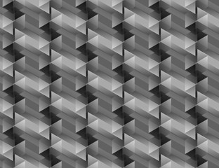 Isometric seamless pattern, volume realistic texture, black white gradient background. 3d geometric tiles with cubes. Abstract uncolored backdrop for web, wallpaper, fabric, wrapping, paper, print.