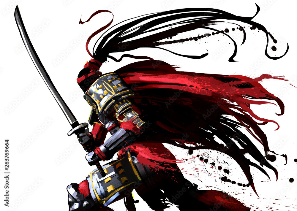 Wall mural A samurai in a red vestment runs swiftly with a sword