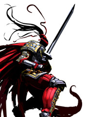 Fototapeta premium A samurai in a red cloak stands ready in a dynamic perspective