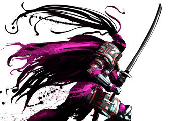 A samurai in a red vestment runs swiftly with a sword © warmtail