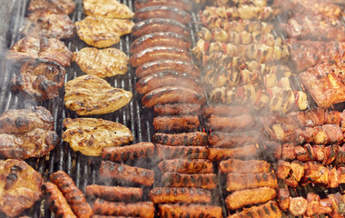 A variety of meat on the grill