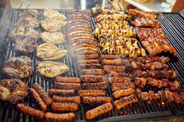 A variety of meat on the grill
