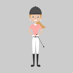 Cute equestrian horse rider girl smiling and standing isolated on gray background in white breeches and pink polo with whip