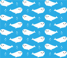 Seamless vector pattern of cute white cartoon drawn kawaii sea dogs smiling and swimming in the sea isolated on blue background with air bubbles