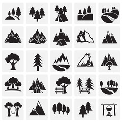 Outdoor landscape icons set on squares background for graphic and web design. Simple vector sign. Internet concept symbol for website button or mobile app.