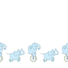 Vector seamless border of cute cartoon elephants on white background. Funny elephant on unicycle and elephant-clown