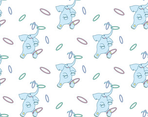 Vector seamless pattern of cheerful cartoon elephant juggler with hoops on white background