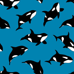 Vector seamless pattern of hand drawn killer whale swimming on blue background