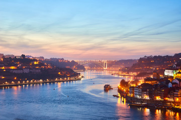 Naklejka premium Porto: night panorama of Ribeira and Douro river, Portugal