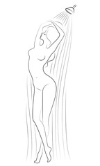 Silhouette of a cute lady. The girl washes in the shower. The woman has a beautiful slim figure. Vector illustration.