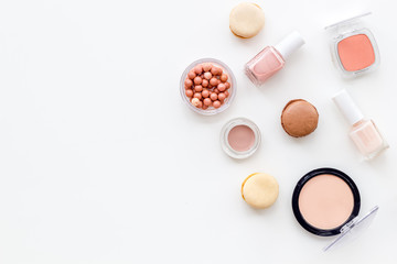Decorative cosmetic for morning make up on white desk background flat lay copy space