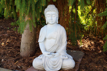 sitzender Buddha im Garten unter einem Baum
