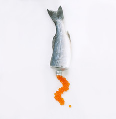fish and tube with red caviar. Flat lay. Top view. creative and minimal concept. 