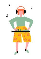 Colourful female DJ playing music on white background. DJ girl party mix music. Vector illustration.