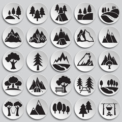 Outdoor landscape icons set on plates background for graphic and web design. Simple vector sign. Internet concept symbol for website button or mobile app.