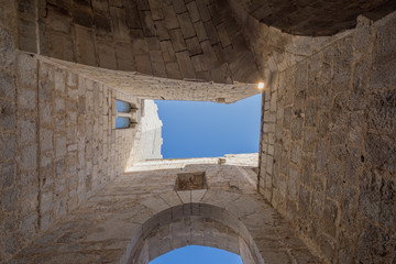 Peniscola castle Papa Luna architecture low angle shooting blue sky, Mediterranean Sea Costa del Azahar, Spain