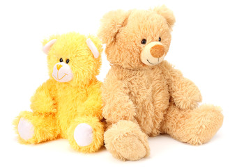 Two toy teddy bears isolated on white background