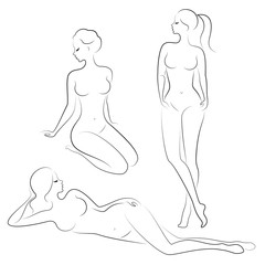 Collection. Silhouette of a sweet lady, she is sitting. The girl has a beautiful nude figure. A woman is a young sexy and slender model. Vector illustration set.