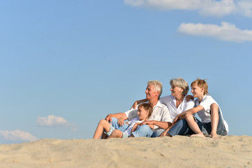 Fototapeta premium Portrait of grandparents with their grandchildren on the sand