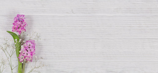 Abstract composition of fresh purple hyacinths on a white rustic wooden background. Pattern of different flowers