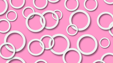 Abstract illustration of randomly arranged white rings with soft shadows on pink background