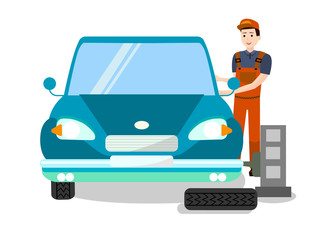 Tire Fitting Expert at Work Flat Illustration