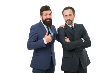 Business people concept. Men bearded wear formal suits. Well groomed business men. Partnership teamwork. Passionate about their project. Business team. Men successful entrepreneurs white background