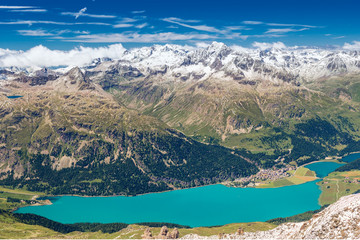 Fototapeta premium Stunning view of Silsersee, Silvaplanersee, Engadin and Maloja from Corvatsch mountain, Switzerland, Europe