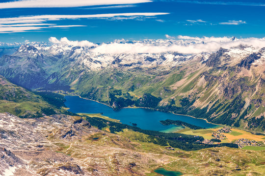 Stunning view of Silsersee, Silvaplanersee, Engadin and Maloja from Corvatsch mountain, Switzerland, Europe © Eva Bocek