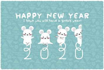 2020年　年賀状　横　しっぽで2020 水色背景