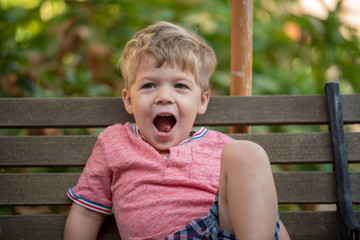 Young Happy Toddler Boy Sitting on a Bench
