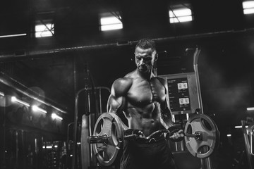 Fototapeta na wymiar very power athletic guy bodybuilder , execute exercise with dumbbells, in dark gym