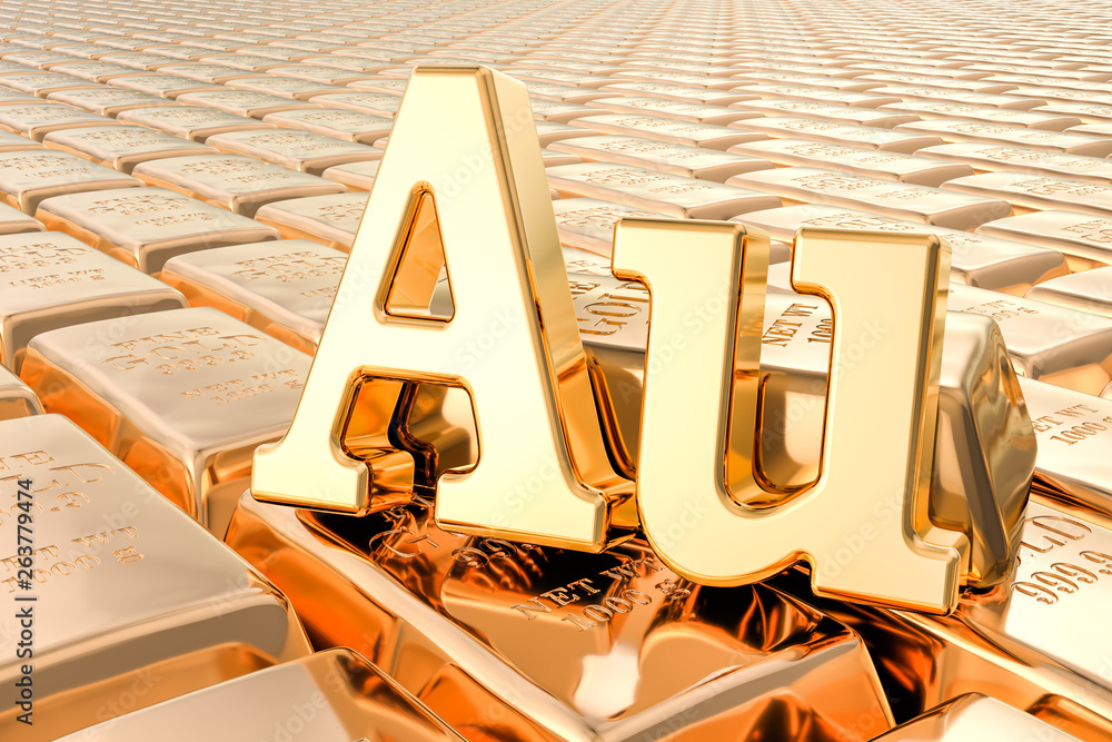 Poster gold ingots background with au symbol. 3d rendering