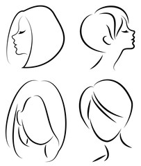 Silhouette of the head of a cute lady. The girl shows her hairstyle for medium and short hair. Suitable for logo, advertising. Vector illustration