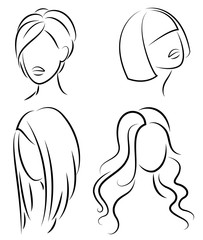 Silhouette of the head of a cute lady. The girl shows her hairstyle for medium and short hair. Suitable for logo, advertising. Vector illustration