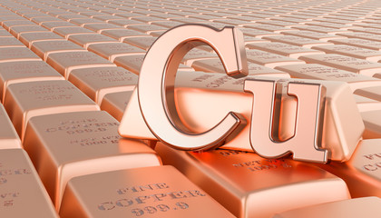 Copper ingots background with Cu symbol. 3D rendering - obrazy, fototapety, plakaty