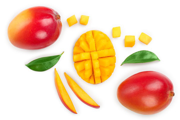 Mango fruit and half with slices isolated on white background. Top view. Flat lay