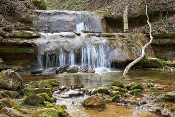 Dorfbach mit Wasserfall im Erlenbacher Tobel, verwischtes Wasser, Stufen, Wassertümpel, Aeste, Steine, Moos, grüne Blätter