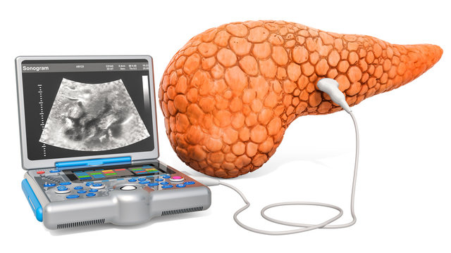 Pancreatic ultrasound concept. Human pancreas with medical ultrasound diagnostic machine, 3D rendering