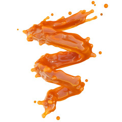 Sweet melted caramel sauce or syrup swirl isolated on white background. Liquid caramel template design element. Clipping path included. 3D illustration