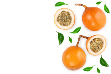 Granadilla or yellow passion fruit with leaf isolated on white background with copy space for your text. Top view. Flat lay