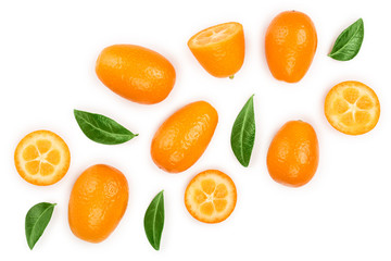 Cumquat or kumquat with half isolated on white background. Top view. Flat lay