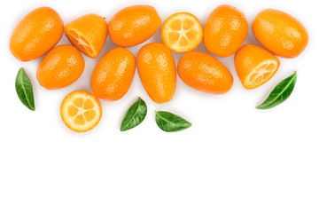 Cumquat or kumquat with half isolated on white background with copy space for your text. Top view....