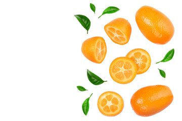 Cumquat or kumquat with slices isolated on white background with copy space for your text. Top view. Flat lay