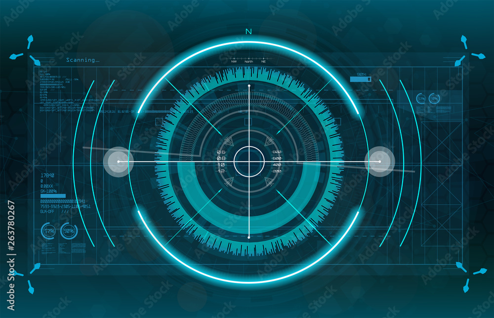 Poster Modern aiming system. Sci-fi futuristic spaceship crosshair. Outline HUD user interface. Fullcolor interface. Techno target screen elements. Abstract Technology background. Vector gadget