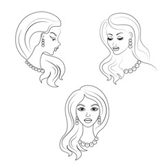 Collection. Silhouette of the head of a cute lady. The girl shows her hairstyle on long and medium hair. Suitable for logo, advertising. Set of vector illustrations