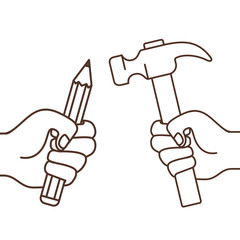 hand with pencil and hammer isolated icon