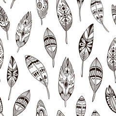Doodle Beautiful Feathers Seamless Vector Pattern
